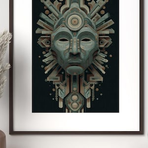 May include: Framed art print featuring a stylized, geometric mask design. The mask is primarily teal and brown, with intricate details and a symmetrical composition. The artwork has a dark background and is displayed in a brown frame.