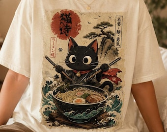 Samurai Cat Ramen Shirt, Black Cat Noodles Tee, Japanese Food Shirt, Anime Cat Gift, Comfort Colors T-Shirt