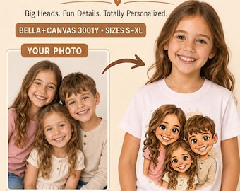 Personalisiertes Kinder-Karikatur-Shirt nach Foto, Geschwister-Porträt-T-Shirt, lustiges Cartoon-Kinder-Shirt, Bella Canvas 3001Y Geschenk