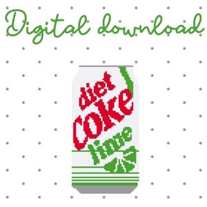 Könnte beinhalten: Digitaler Download-Grafik mit einer pixeligen Diet Coke Lime-Dose. Die Dose ist weiß mit rotem Text und einem grünen Limettendesign. Die Worte "Digital download" sind oben in grüner Schrift geschrieben.