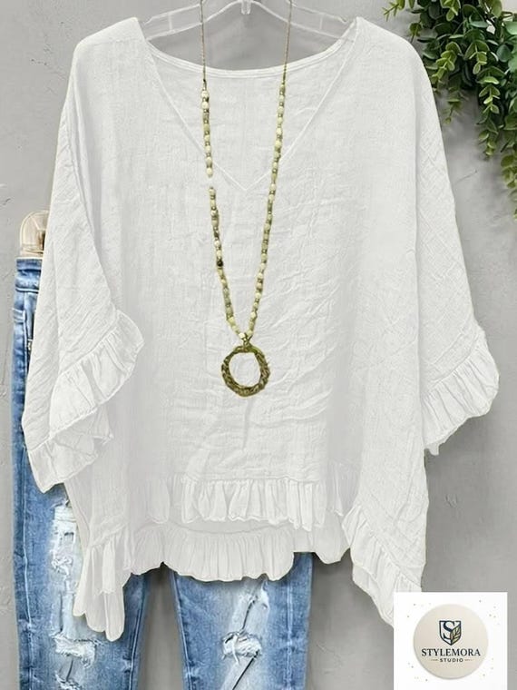 Handmade Crinkle Cotton-polyster Blouse, Boho Ruffle Top, StylemoraStudio