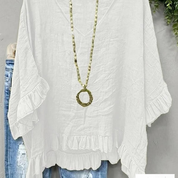 Camicetta in cotone e poliestere stropicciata fatta a mano, top boho con volant, StylemoraStudio