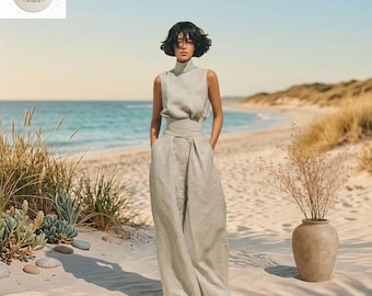 Handmade Linen Two Piece Set, Wide Leg Pants, Sleeveless Mock Neck Top