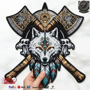 Parche de hacha vikinga de lobo dorado y plateado de 13 pulgadas, emblema para chaqueta de motociclista nórdico