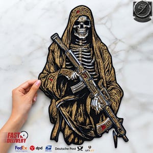 Grim Reaper Skull Rifle Patch – Large Biker Jacket Back Emblem (13 Inch)
