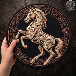 Puede incluir: Un parche circular negro con un caballo bordado de color cobre en pose encabritada. El caballo está decorado con intrincados patrones de remolinos. Un borde circular con diseños geométricos y de nudos rodea la figura central.