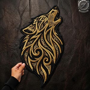 Howling Wolf Tribal Patch: Gold Black Geometric Silhouette, Gothic Biker Jacket Badge (13 Inch)