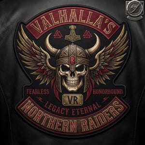 May include: A black embroidered patch on leather featuring a central skull wearing a horned helmet with wings. Text reads Valhalla's, Fearless, Honorbound, Legacy Eternal, Northern Raiders, and VR. A Mjolnir hammer icon sits above the skull.