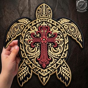 Può includere: Una toppa a forma di tartaruga marina con intricati ricami dorati e neri e un design a croce rossa centrale. Il guscio è decorato con volute ornamentali e motivi geometrici, mentre le pinne e la testa presentano dettagli dorati e neri.