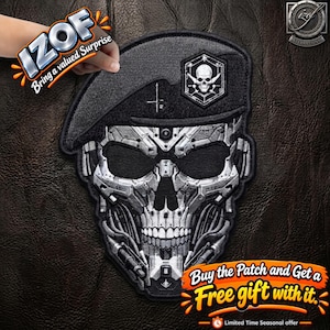 May include: A black and grey embroidered patch featuring a robotic skull wearing a military-style beret. The design includes a hexagonal emblem on the beret with a skull and crossbones graphic, and intricate mechanical details across the face.