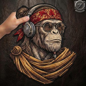 Large Hipster Gorilla Embroidered Patch: 12-Inch Headphone Ape Sew/Iron-On Back Jacket Vest