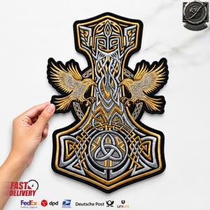 Wikinger-Mjölnir-Aufnäher mit Stickerei: Gold-Silber-Raben, keltische Knotenmuster (13 Zoll)