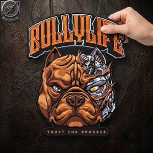Cyber Bulldog Embroidered Patch: Robotic Split-Face Biker Applique (12.10 Inch)