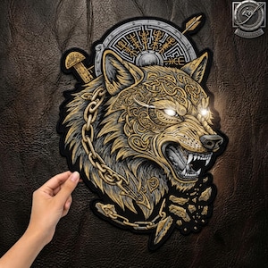 Viking Wolf Fenrir Vegvisir Sköld Broderad Rygglapp (13,5 tum)