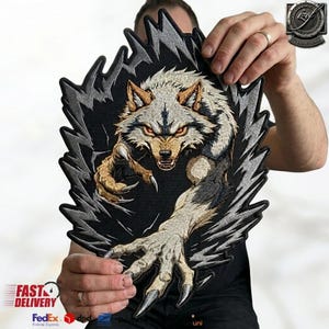 13 Inch Gold Silver Wolf Patch, Fenrir Beast Emblem, Gothic Biker Jacket Badge