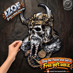 May include: A detailed embroidered patch featuring a skull wearing a horned Viking helmet with a braided beard, gold accents, and fur-like textures. The design includes a chain element and circular emblem, rendered in black, white, and gold thread.