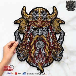Écusson brodé Viking Odin : Corbeaux dorés et argentés, haches (33 cm)