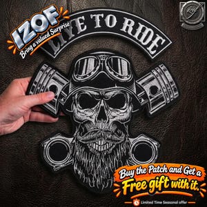 Puede incluir: Un parche bordado en blanco y negro que muestra una calavera con barba y bigote espesos que lleva gafas protectoras. Detrás de la calavera hay dos pistones de motor cruzados. Sobre la calavera hay una banda curva con el texto LIVE TO RIDE.