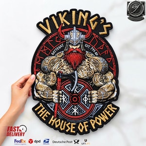 Parche trasero de levantador de pesas vikingo musculoso: bordado dorado y plateado, 33 cm (para planchar o coser).