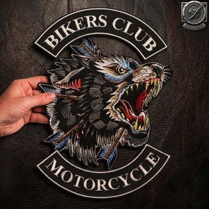 Embroidered Wolf Head Biker Patch Set: 14" Back, Rocker MC Badge (Iron-On/Sew-On)