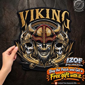 Large Viking Skull Patch – Triple Skulls, Axes, Horned Helmet (13 Inch)