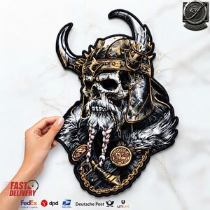 Viking Skull Warrior Patch: Gold Silver Embroidery, 13 Inch Biker Back Badge