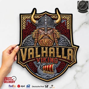 Viking Valhalla Broderad Tygmärke: Guld Silver Långskeppssköld (13 tum)