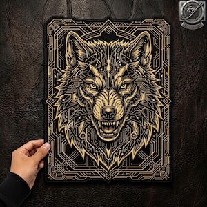 May include: A rectangular patch featuring a gold and black graphic of a wolf head with intricate circuit board patterns. The wolf is snarling with bared teeth, framed by geometric lines. The design is set against a dark, textured background.