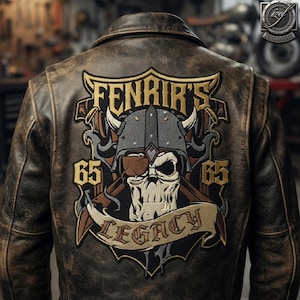 Könnte beinhalten: Eine Jacke aus braunem Leder in Used-Optik mit einem großen gestickten Aufnäher auf dem Rücken. Der Aufnäher zeigt einen Totenkopf mit gehörntem Helm und Augenklappe sowie den Schriftzug FENRIR'S LEGACY und die Zahl 65 beidseitig.