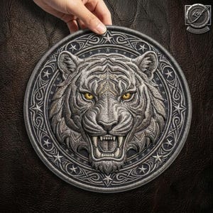 May include: A circular embroidered patch featuring a detailed silver tiger head with piercing yellow eyes. The tiger is framed by a dark border with intricate Celtic-style knotwork and small stars. The design is rendered in shades of grey and silver.