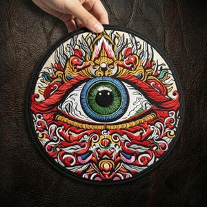 May include: A round, embroidered patch featuring a detailed eye design. The eye has a green iris, blue and white details, and is surrounded by red, gold, and white decorative elements. The patch is held by a hand against a dark brown background.