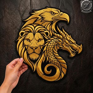 Toppa ricamata per giacca da motociclista con leone, aquila e drago fantasy, 33 cm (13 pollici)