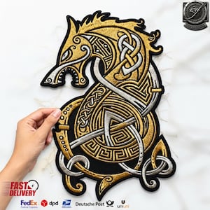 Geborduurd Keltisch Draak Patch: Gouden Zilveren Noorse Slang Biker Rugbadge (33 cm)