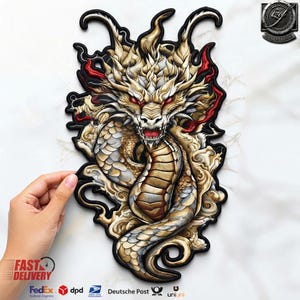 Parche bordado de dragón mítico de 33 cm (13 pulgadas), escudo de serpiente imperial en oro y plata (para planchar)
