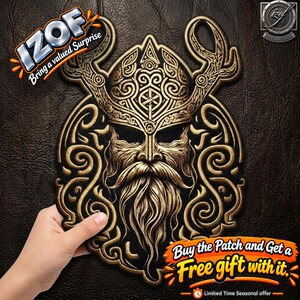 May include: A gold-toned embroidered patch featuring a detailed Viking warrior with a horned helmet and a long beard, surrounded by intricate scrollwork. The text IZOF Bring a valued surprise and Buy the Patch and Get a Free gift with it appear.