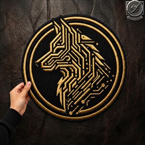 May include: A circular embroidered patch featuring a gold-colored wolf head design composed of geometric circuit board lines on a black background. The patch is bordered by a thick gold circular frame and includes a small logo in the top corner.