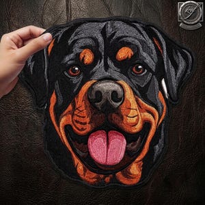 Puede incluir: Un parche bordado que muestra la cabeza de un perro Rottweiler con pelaje negro y fuego, ojos marrones y la lengua rosada afuera. El bordado detallado captura los rasgos faciales y la expresión del canino con un estilo realista.