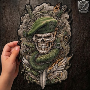 May include: A detailed embroidered patch featuring a human skull wearing a green beret, entwined with a green snake. The design includes two crossed swords, feathered wings, and swirling smoke elements in shades of gray, green, and orange.