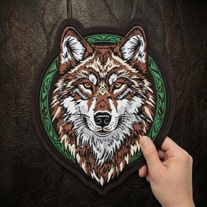 May include: Embroidered patch featuring a detailed wolf head design. The patch has brown, white, and black fur with yellow eyes, set against a green and brown border. The patch is held against a dark brown leather-like surface.