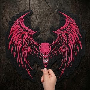 May include: A large, embroidered patch featuring a demonic winged skull design. The patch has a black border and a vibrant pink color for the skull and wings. The patch is held by a hand.
