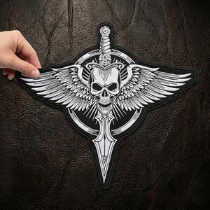 May include: A large, black and white embroidered patch featuring a skull with wings, a sword, and a circular design. The patch is held by a hand against a dark brown leather background. The design is detailed with intricate stitching.