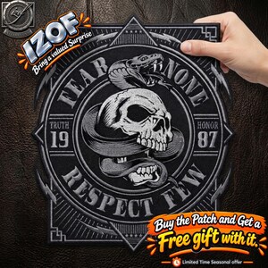May include: A black and grey embroidered patch featuring a central skull entwined by a snake. The text reads FEAR NONE and RESPECT FEW, with the numbers 19 and 87 flanking the skull, and the words TRUTH and HONOR printed on the sides.