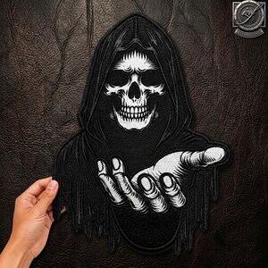 Grim Reaper Back Patch, 13 Inch Hooded Skeleton Applique, Gothic Biker Jacket Design
