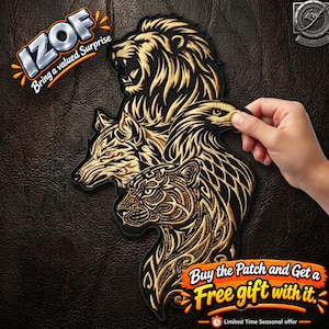 Könnte beinhalten: Ein schwarzer bestickter Aufnäher mit goldfarbenen Fadenmotiven eines Löwen, eines Wolfs, eines Adlers und eines Tigers, die vertikal gestapelt sind. Der Aufnäher enthält den Text IZOF Bring a valued surprise und Buy the Patch and Get a Free gift with it.