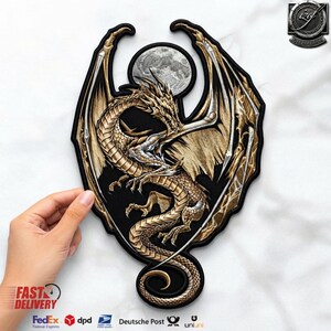 13" guld-silver himmelsk drake månemärke, gotisk wyvern bikerjacka vapensköld (gratis gåva)