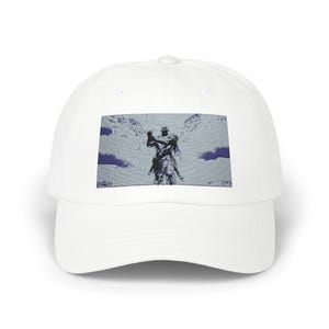 May include: White baseball cap featuring a rectangular graphic of a statue of a person on a horse, with a sword raised. The graphic is in shades of gray and blue, with a cloudy sky background. The cap is made of a soft, durable material.