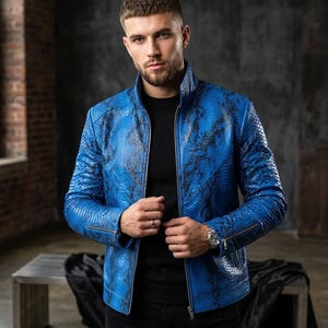 Men's Brown blue Snake embossed Leather Biker Jacket, Python Pattern Rocker Fashion