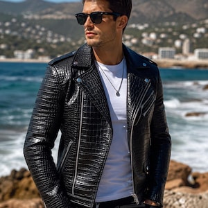 Men's Black Crocodile Embossed Leather Biker Jacket, Genuine Croc Texture Fashion Coat Hand made Crocodile Embossed Leather Jacket