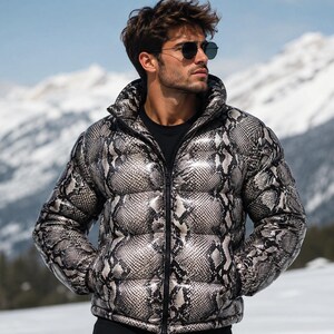 Men's Python Print Puffer Jacket – Luxury Snakeskin Winter Coat, Leather jacket Herren.