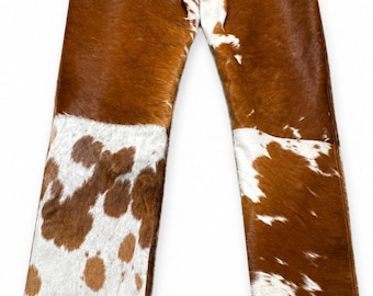 Women | Brown White Cow Print Trousers | Handmade Hair-On Cowhide Pants | Western Style Statement Pants